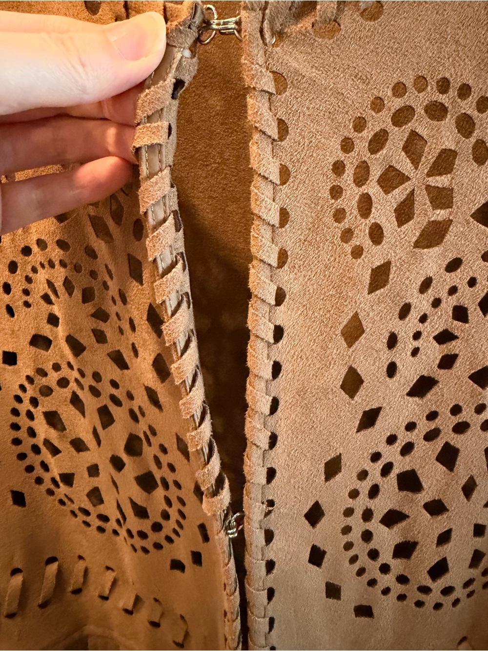 Promesa Faux Suede Laser Cut Fringe Jacket Brown Western Boho Size M - Picture 3 of 3